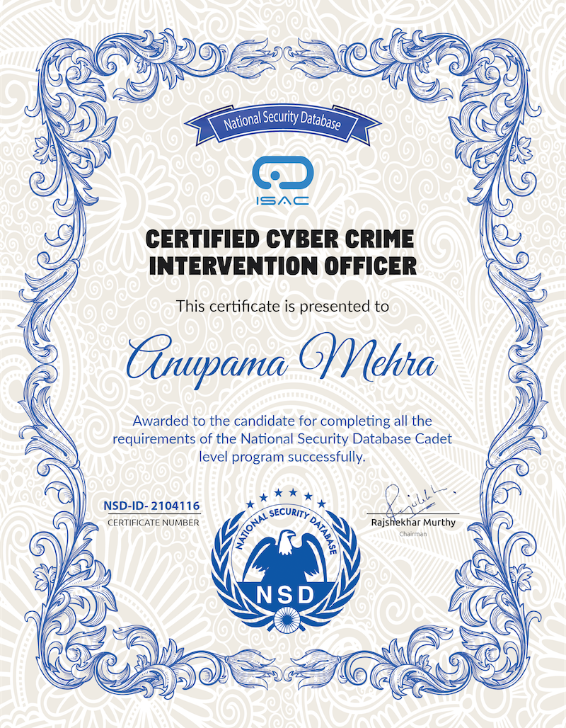 Anupama NSD IO Cert - Information Sharing and Analysis Center